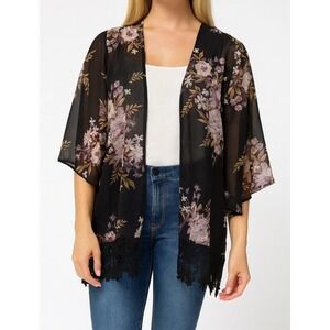 Iris Womens sz M Black Sheer Floral Kimono Cardigan Lace Lightweight Cover Up